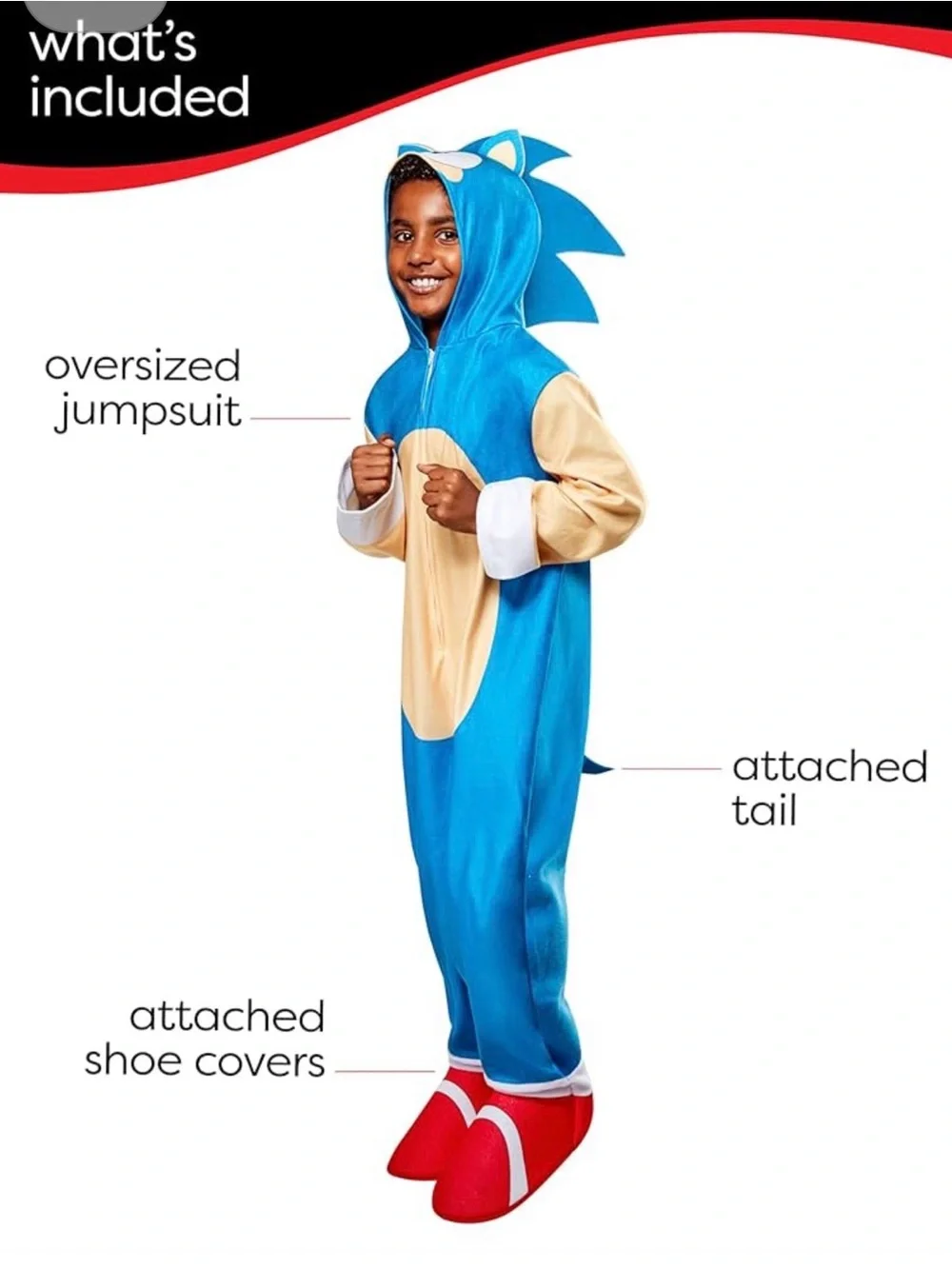 SONIC THE HEDGEHOG CHILD OVERSIZED HOODED ZIPPER JUMPSUIT HALLOWEEN COSTUME - Picture 13 of 13